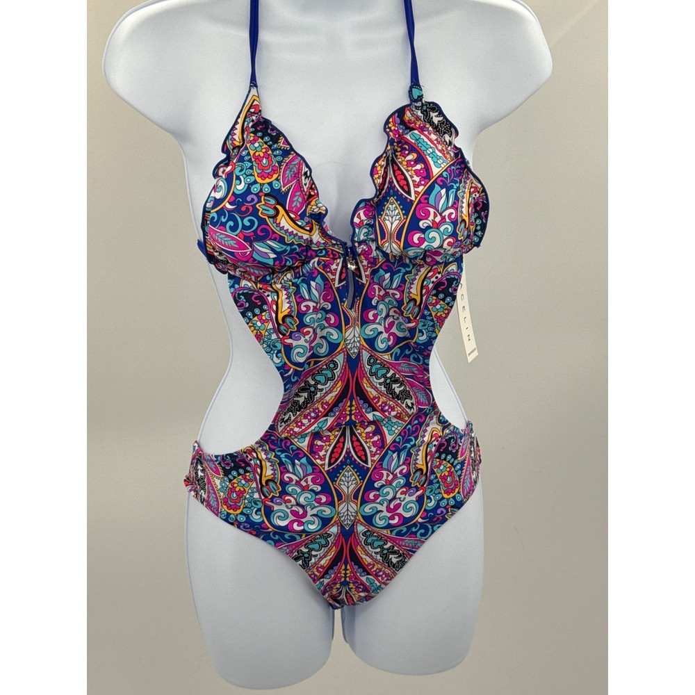Cacelin Womens Paisley Monokini Cutout One Piece Swimsuit Ruffle Blue Pink Small